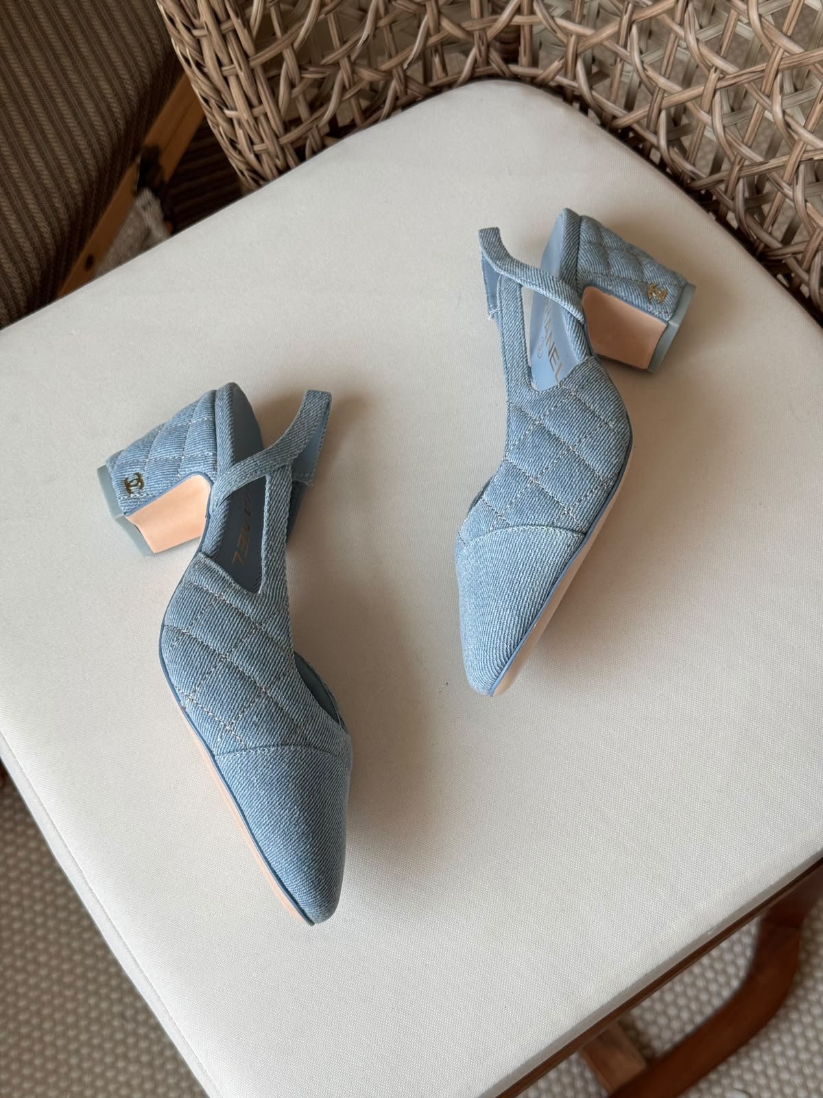 Chanel quilted denim heels